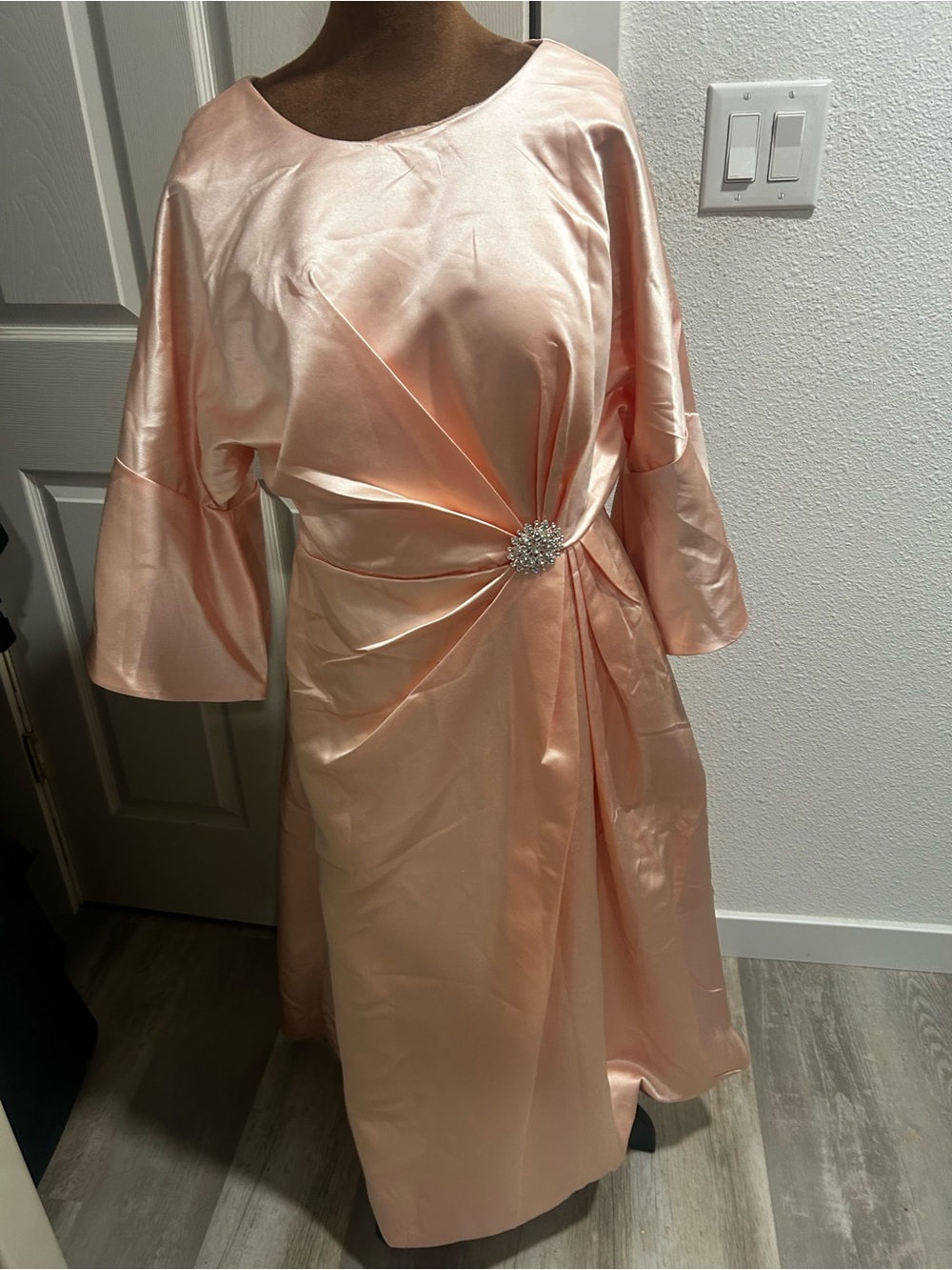 Elegant Peach Satin Midi Dress with Rhinestone Detail